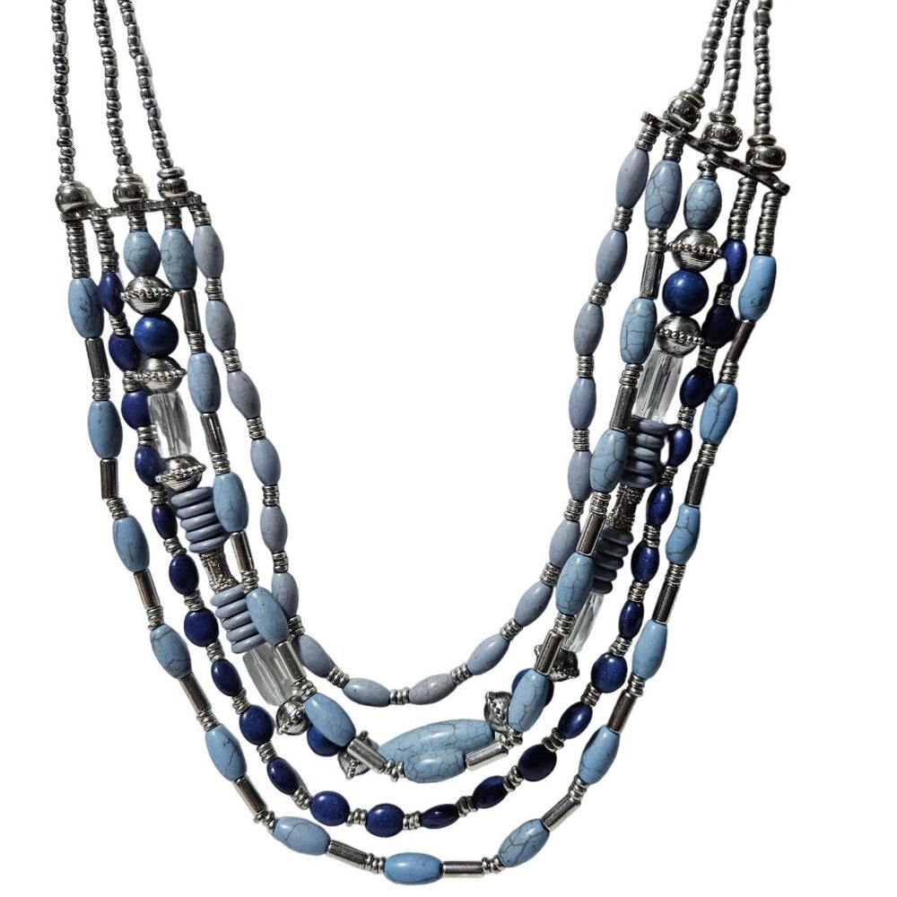 Chicos Blue Silver Beaded Chunky Necklace Multi Strand Statement Boho Jewelry